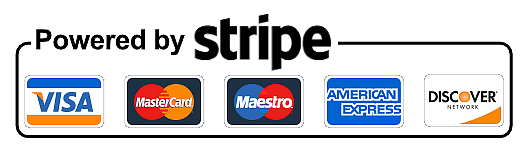 Secure payments by Stripe with Visa, Mastercard, Maestro, American Express, and Discover